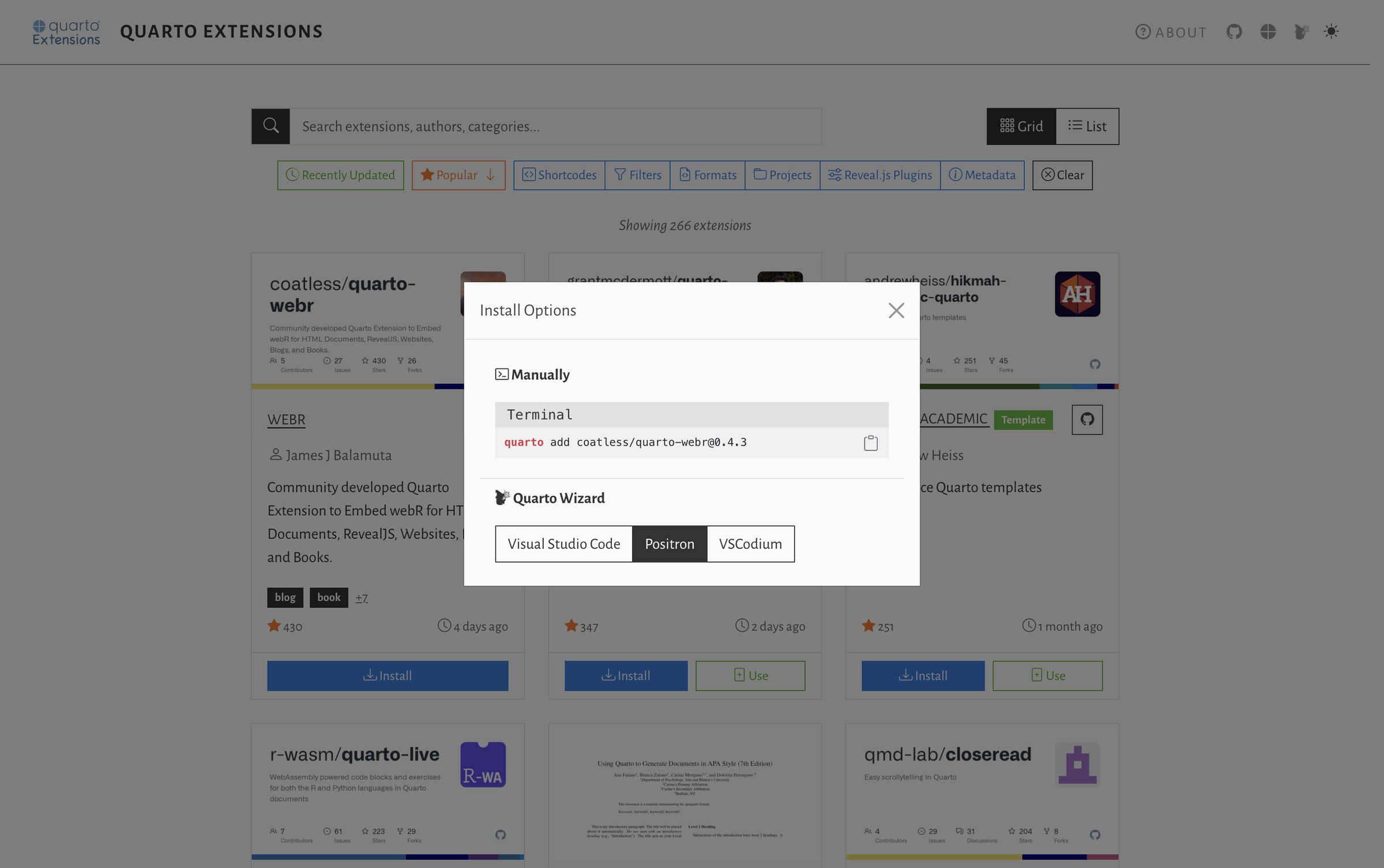 Mickaël CANOUIL's Quarto Extensions install modal