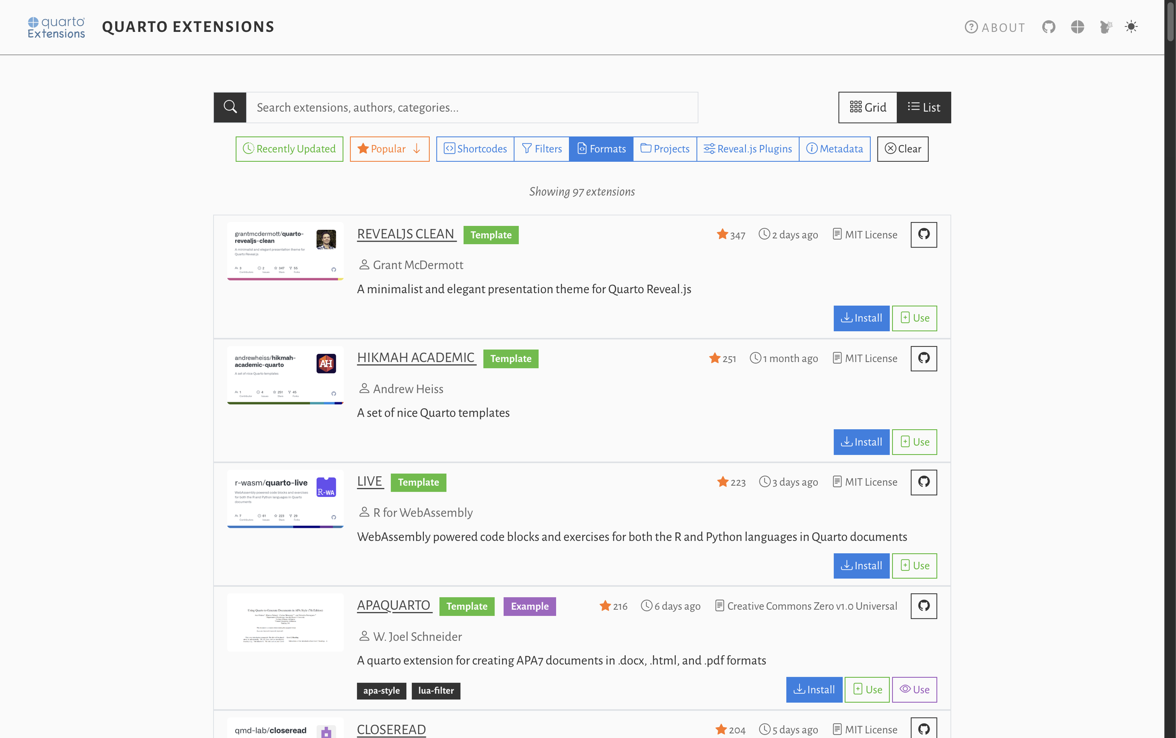 Mickaël CANOUIL's Quarto Extensions list view filtered by formats