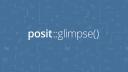 A blue background with a repeating pattern of white line drawings of various data-related icons, such as graphs, code symbols, and animals. Centered on the image is the white text 'posit::glimpse()'.