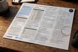A close-up, angled view of a wooden desk with a printed 'Python Polars: The Definitive Cheatsheet' resting on it.
