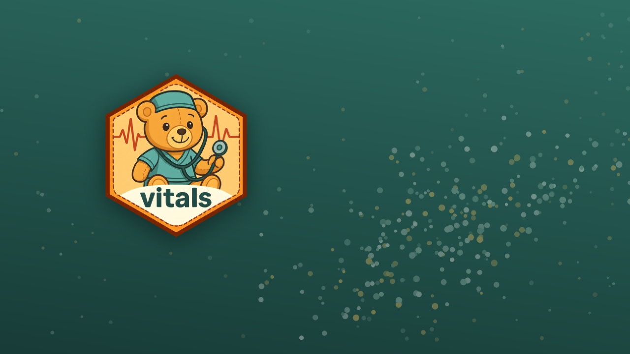 The vitals hex sticker, a teddy bear in surgical scrubs holding a stethoscope, on a dark green gradient scattered with faint dots that drift upward to the right like a positively correlated scatterplot.
