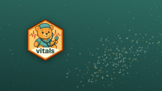The vitals hex sticker, a teddy bear in surgical scrubs holding a stethoscope, on a dark green gradient scattered with faint dots that drift upward to the right like a positively correlated scatterplot.
