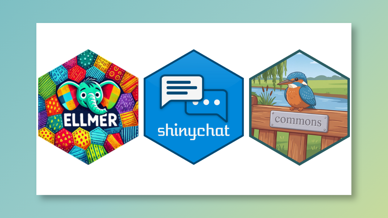 Three hexagonal package logos: a colorful elephant for ellmer, overlapping chat bubbles for shinychat, and a common kingfisher beside a wetland for commons.