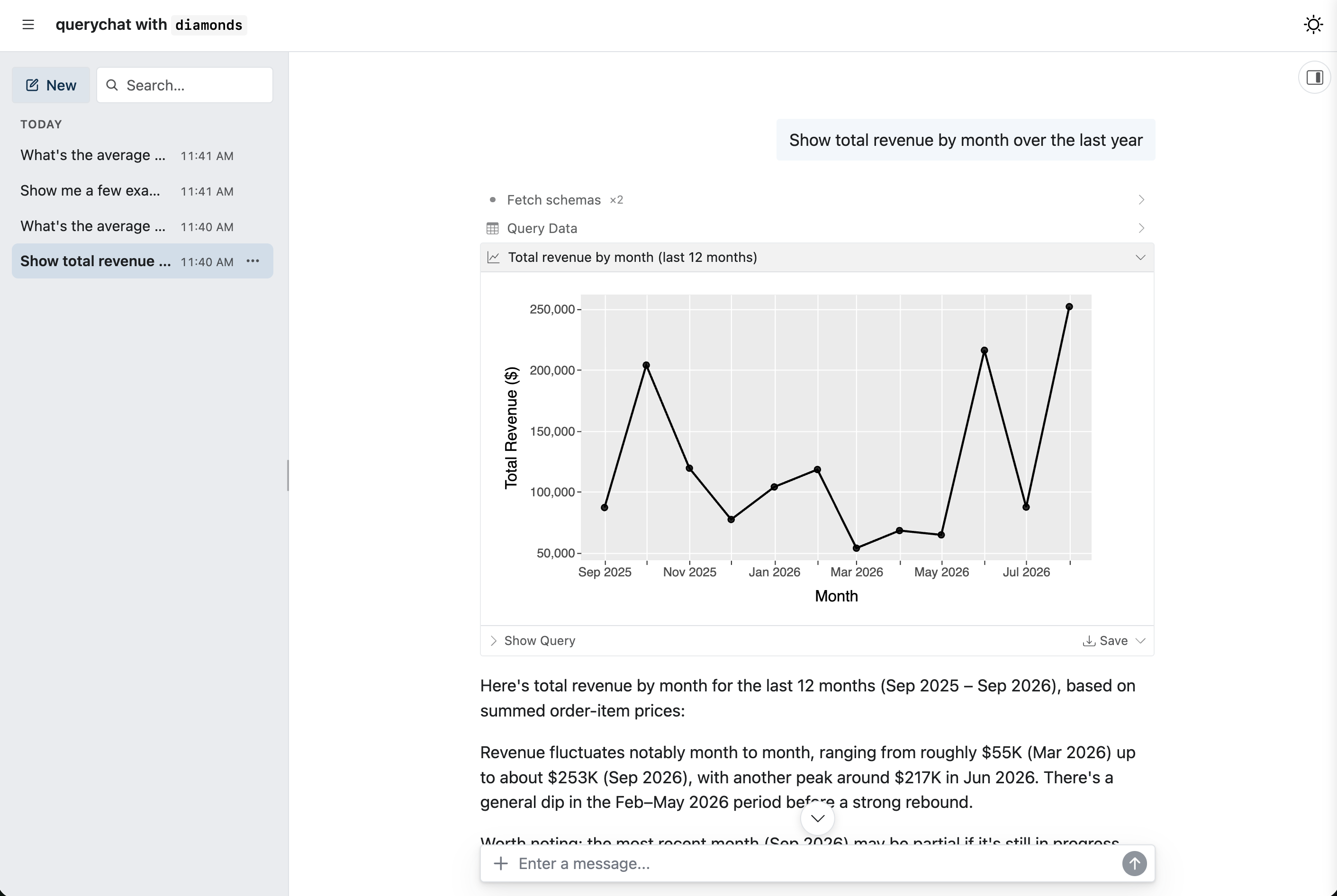 A view of QueryChat.app() with the history sidebar opened.