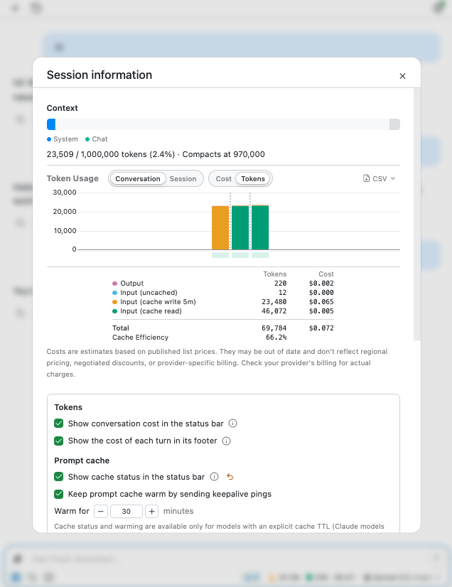 Posit Assistant’s session-information panel breaks down token usage and estimated costs by token type.