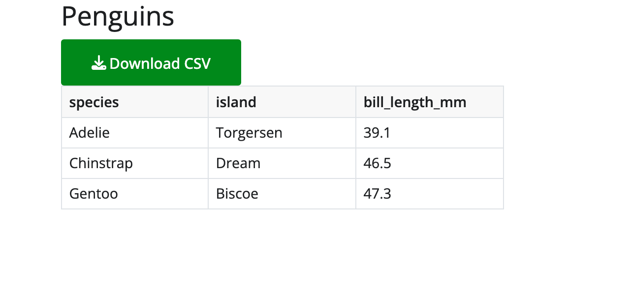 A Shiny app titled Penguins shows a green Download CSV button with a download icon, above a table of three penguin species, their islands, and their bill lengths.