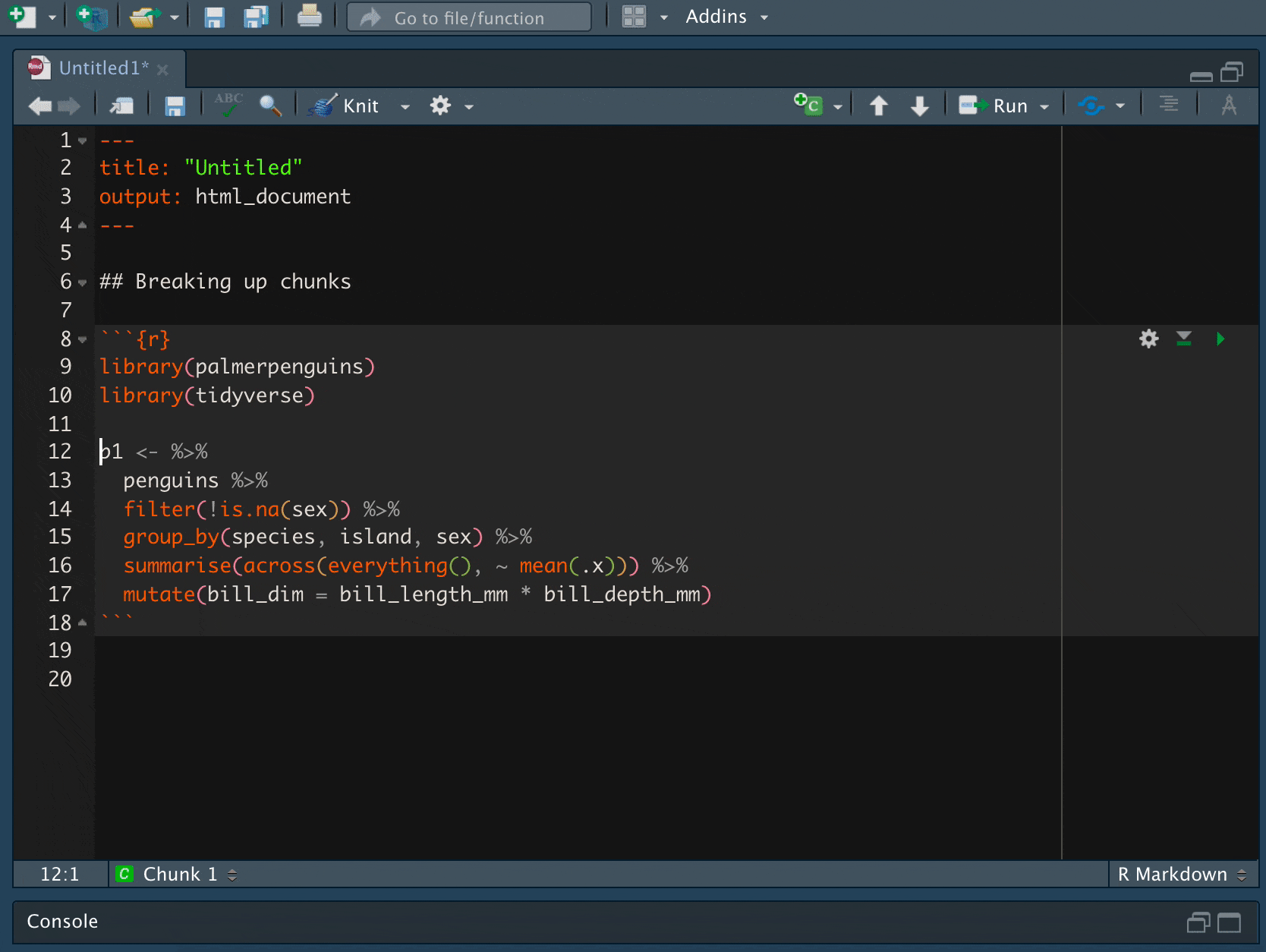 Breaking up one code chunk into two using Ctrl+Cmd+I Shortcut in RStudio IDE