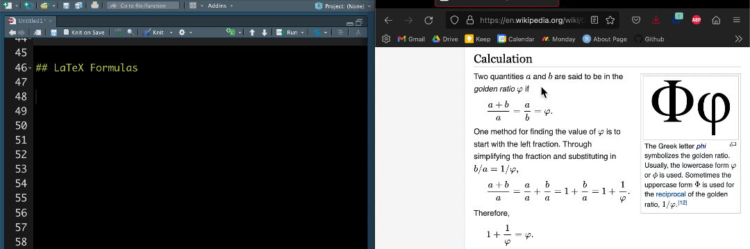Pasting phi LaTeX formula from Wikipedia into R Markdown