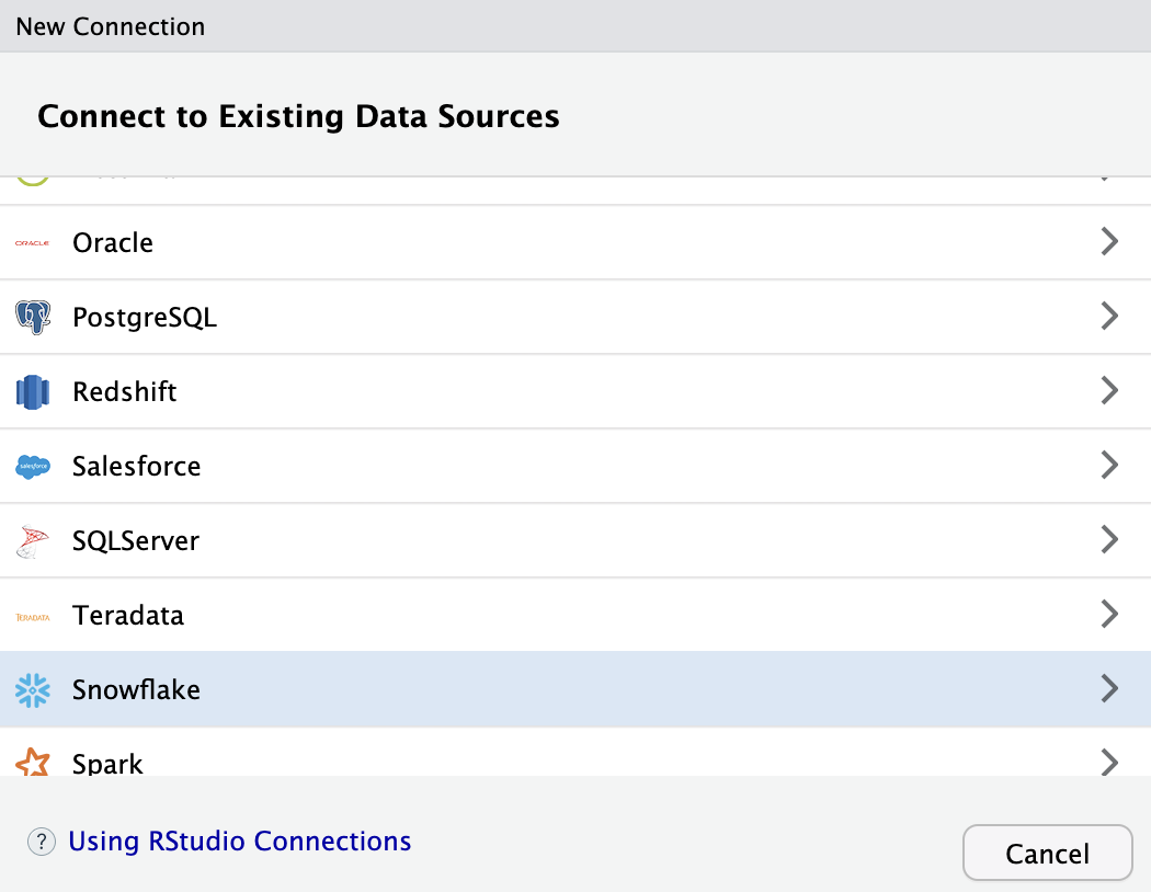 RStudio options for connecting to existing data sources, including Snowflake