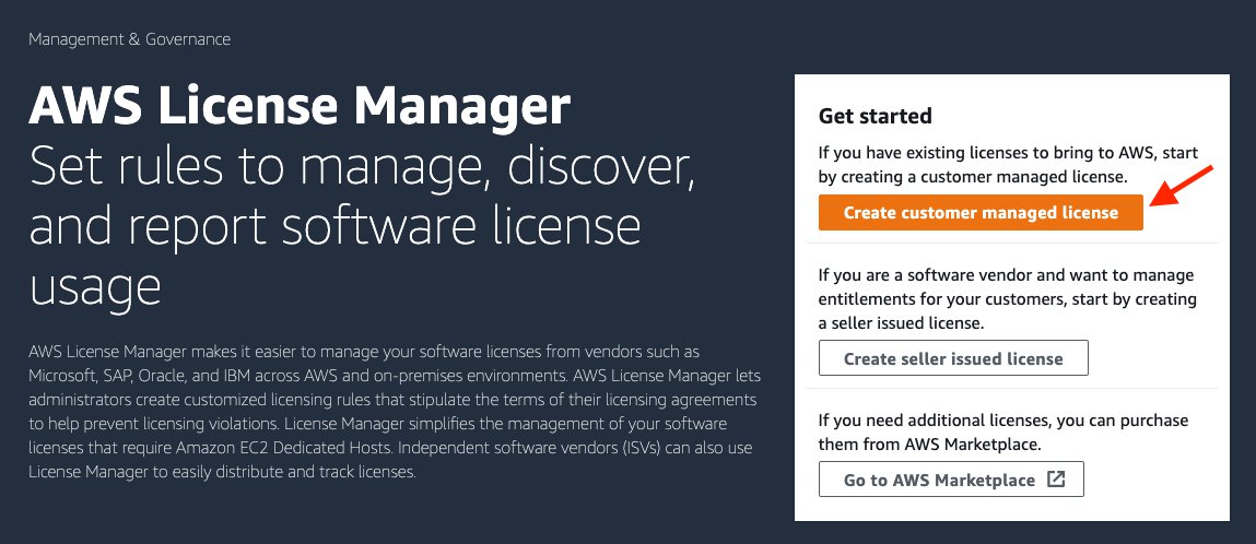 AWS License Manager page with the ability to create customer maanged license