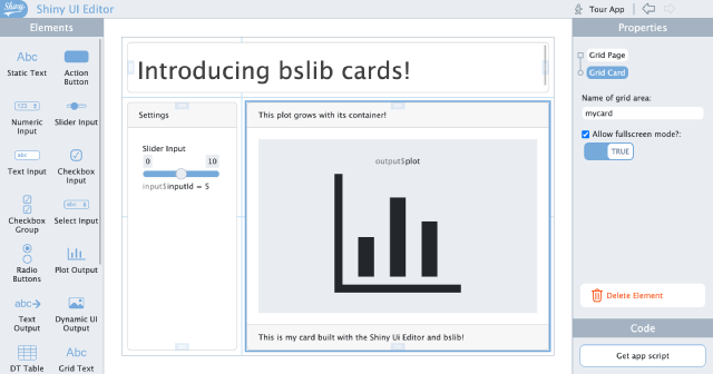 New to the ShinyUiEditor: bslib Cards!